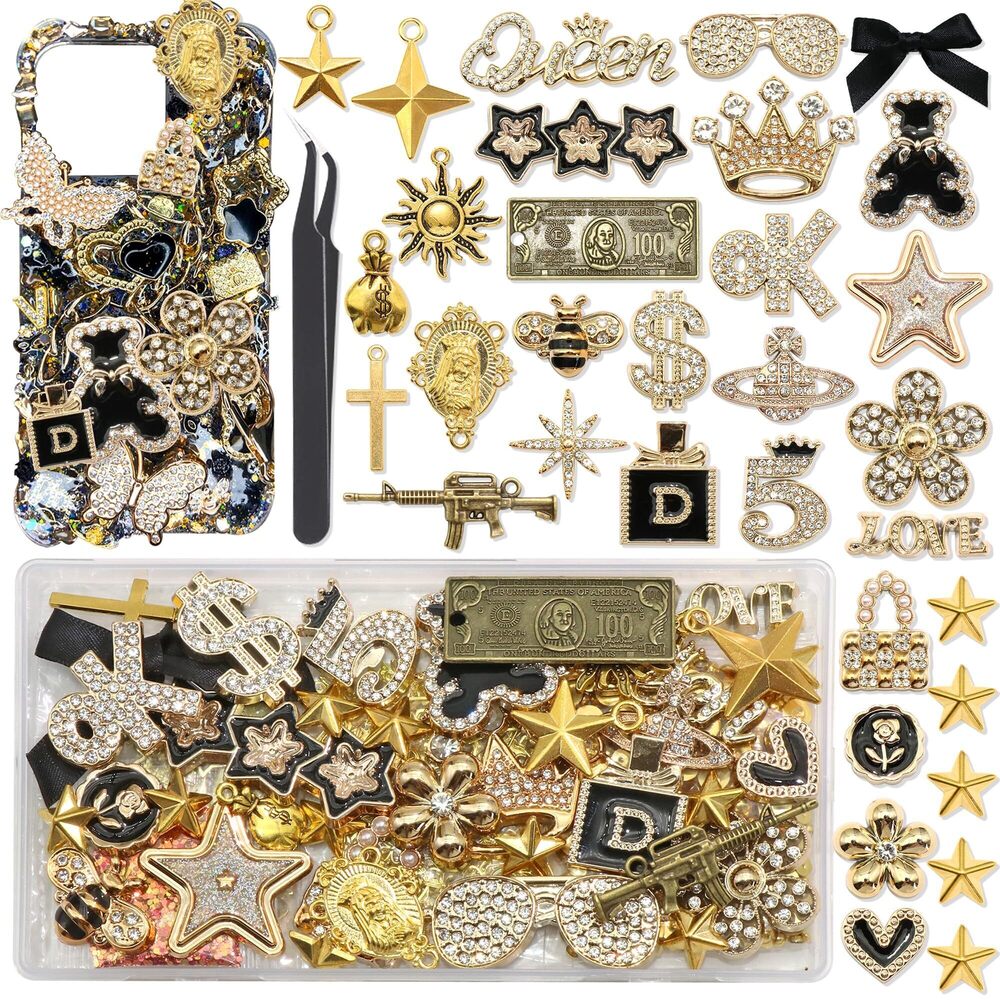 7627 Gold Junk Case Charms Kit, Junk Phone Cases with Big Charm Sparkly